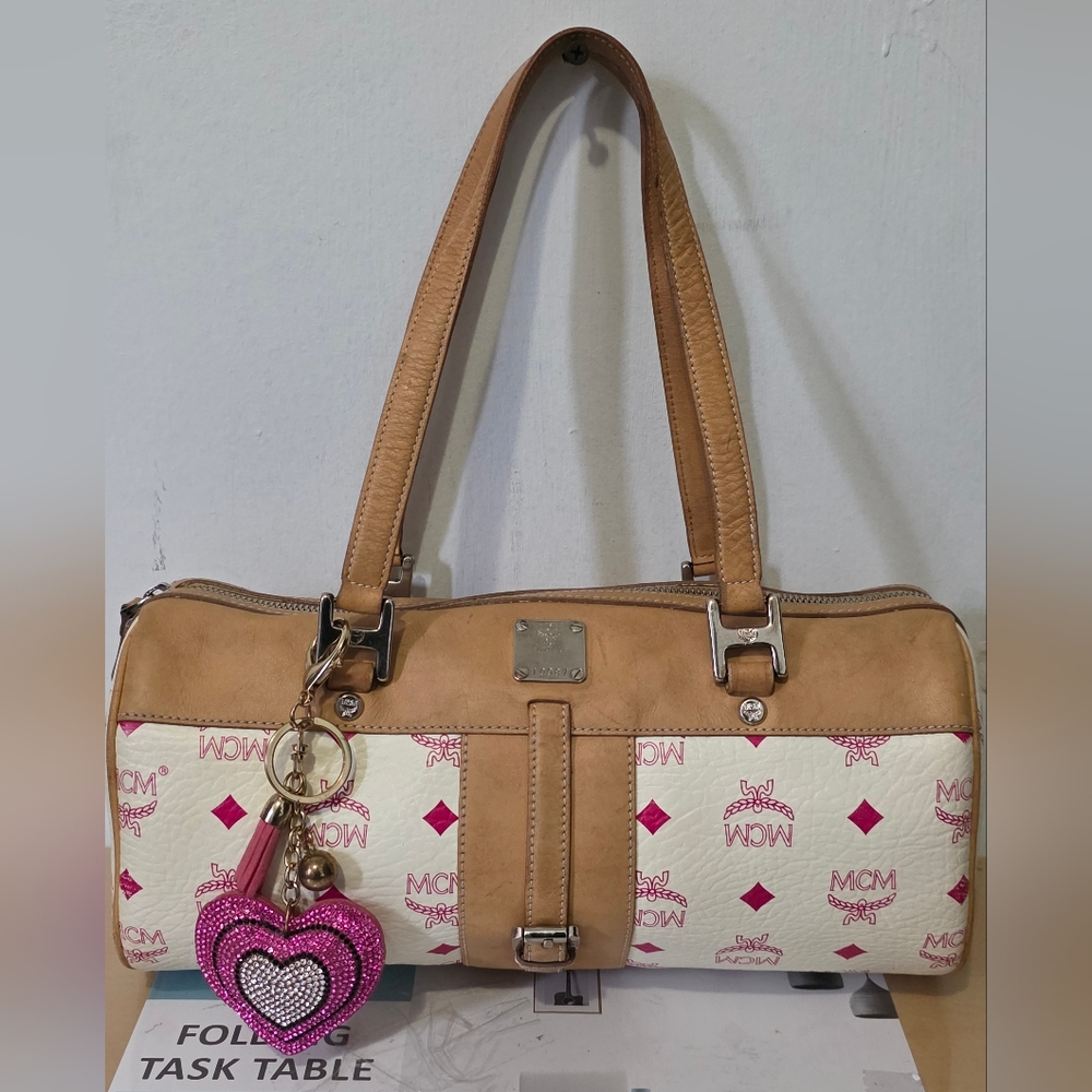 MCM Pappillon Barrell Bag. Hand Bag. Carry Bag. Color: Pink & Cream. Sz: Medium